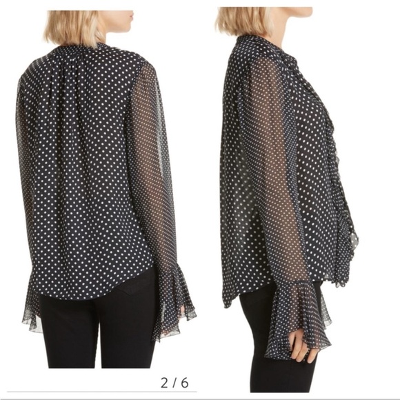 Joie Black White Polka Dot Ruffled “Darek” Blouse Romantic Sheer Sleeves Large - Picture 2 of 14